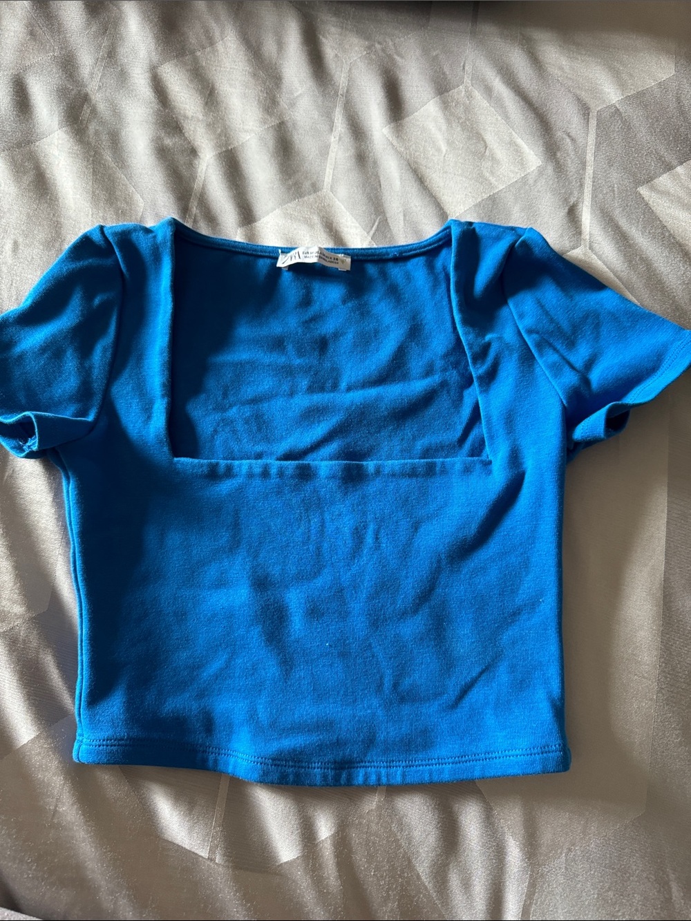 Zara Bright Blue Square-Neck Short Sleeve Top